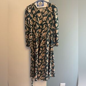 Leota Green Cream Floral Tie Front Midi Dress